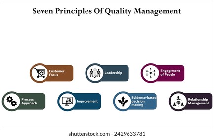 Seven Principles Of Quality Management - Customer focus, leadership, Engagement of people, Process approach, Improvement, Evidence based decision making, Relationship management. Infographic template 