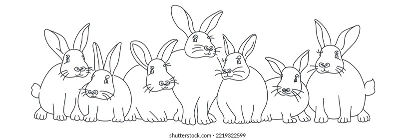 Seven Rabbits are sitting together. Hand drawn vector illustration. Black and white.