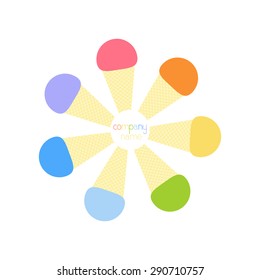 Seven rainbow colored ice cream cones situated in the shape of circle with place for company name in the middle. Logo template, design element. Flat style illustration