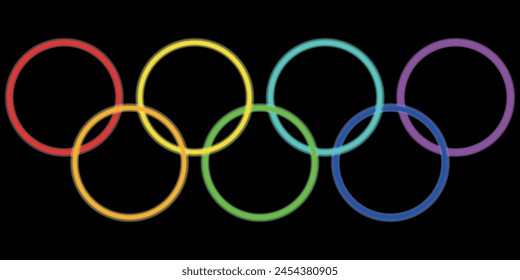 Seven rainbow rings shine on a black background. Vector of seven neon rings of seven colors on a black background. Graphic illustration of neon eps 10