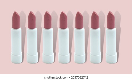 Seven red lipsticks with shadows on pink background