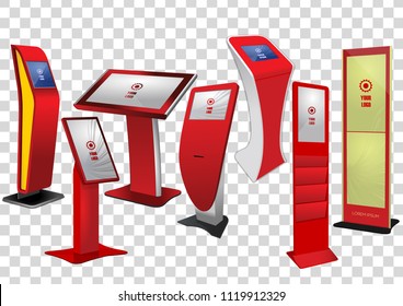 Seven Red Promotional Interactive Information Kiosk, Advertising Display, Terminal Stand, Touch Screen Display isolated on transparent background. Mock Up Template.