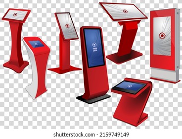 Sieben rote interaktive Informationskiosk für Werbezwecke, Werbedisplay, Terminalständer, Touch Screen Display. Vorlage nach oben motivieren