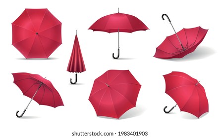 Seven red realistic umbrella icon set with different sides of umbrella canes on white background vector illustration