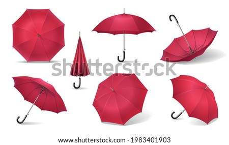 Seven red realistic umbrella icon set with different sides of umbrella canes on white background vector illustration