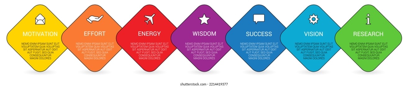 Seven rotated squares on the bias arranged next to each other, can be used as infographics element illustrating steps in process