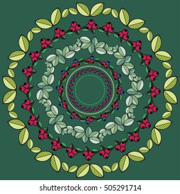 Seven round frames. The wreaths of leaves and berries. Vector frame for design.