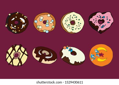 seven round and one heart donuts of different colors