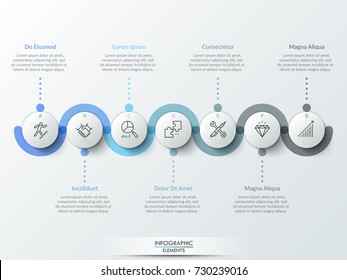 Seven round paper white elements with linear symbols inside, translucent line curving around it and text boxes. Concept of 7 steps to business growth. Infographic design template. Vector illustration.