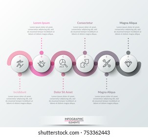 Seven round paper white elements with linear symbols inside, translucent line curving around it and text boxes. Concept of 7 steps to business growth. Infographic design template. Vector illustration.