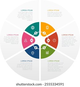 Seven segments of a circular infographic template featuring icons and text, providing a visually appealing and organized way to present data and information effectively