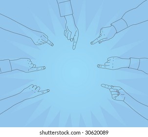 Seven separately traced hands point at a central space. Ideal to place a product into the centre.