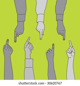 Seven separately traced hands point at a central space.