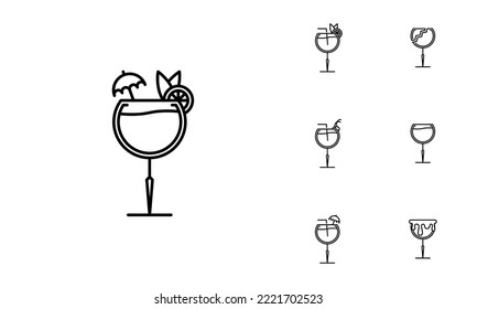 seven sets of goblet glass line icons. with straw, lemon, cherry and umbrella garnish. simple, line, silhouette and clean style. black and white. suitable for symbols, signs, icons or logos