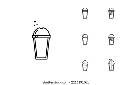 seven sets of plastic ice glass line icons. with a straw, cold water and ice cube. simple, line, silhouette and clean style. black and white. suitable for symbols, signs, icons or logos