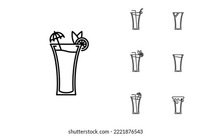 seven sets of soft drink glass line icons. with straw, cherry, lemon and umbrella. simple, line, silhouette and clean style. black and white. suitable for symbols, signs, icons or logos