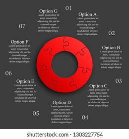 Seven sided 3d round puzzle presentation. Abstract puzzle infographic template explanatory text business statistic. Vector 7 pieces puzzles illustration. Section seven circle compare service banner