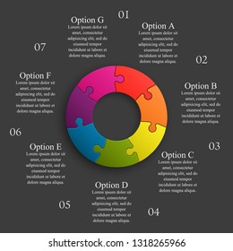 Seven sided 3d round puzzle presentation. Abstract puzzle infographic template explanatory text business statistic. Vector 7 pieces puzzles illustration. Section seven circle compare service banner