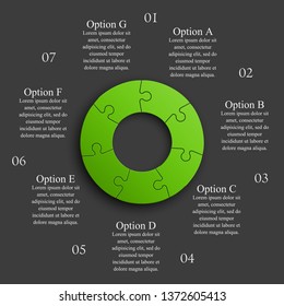 Seven sided 3d round puzzle presentation. Abstract puzzle infographic template explanatory text business statistic. Vector 7 pieces puzzles illustration. Section seven circle compare service banner