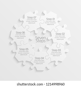 Seven sided circle puzzle presentation. Abstract puzzle infographic template explanatory text field for business statistics. Vector 7 pieces puzzles illustration. Section seven compare service banner