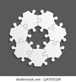 Seven sided circle puzzle presentation. Abstract puzzle infographic template explanatory text field for business statistics. Vector 7 pieces puzzles illustration. Section seven compare service banner