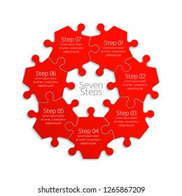 Seven sided circle puzzle presentation. Abstract puzzle infographic template explanatory text field for business statistics. Vector 7 pieces puzzles illustration. Section seven compare service banner