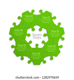 Seven sided circle puzzle presentation. Abstract puzzle infographic template explanatory text field for business statistics. Vector 7 pieces puzzles illustration. Section seven compare service banner