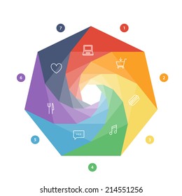 Seven sided flat shutter diagram template for your business presentation with text areas and icons. Vector infographic graphic design.