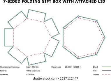 Seven sided folding gift box template with attached lid die cut design