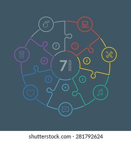 Seven sided, numbered flat rainbow spectrum colored puzzle presentation infographic chart  isolated on dark background. Vector graphic template.