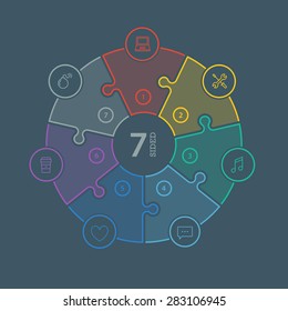 Seven sided, numbered flat rainbow spectrum colored puzzle presentation infographic chart with explanatory text field isolated on dark background. Vector graphic template.