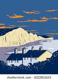 Seven Sisters Chalk Cliffs by English Channel Within South Downs National Park in Southern England UK Art Deco WPA Poster Art