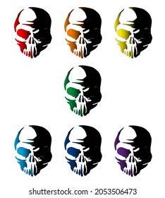 Seven skulls of different rainbow colors