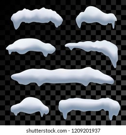 Seven snow caps, snowball and snowdrifts for winter decoration. Cartoon Snowy elements design on transparent background. Vector Illustration