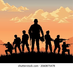seven soldiers silhouettes sunset scene