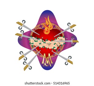 Seven sorrows of the Blessed Virgin Mary, Immaculate Heart pierced with seven swords with crown of roses. Traditional catholic devotion, vector color illustration.