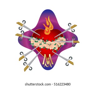 Seven sorrows of the Blessed Virgin Mary, Immaculate Heart pierced with seven swords with crown of roses. Traditional catholic devotion, vector color illustration.