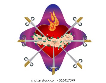 Seven sorrows of the Blessed Virgin Mary, Immaculate Heart pierced with seven swords with crown of roses. Traditional catholic devotion, vector color illustration.