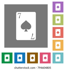 Seven of spades card flat icons on simple color square backgrounds