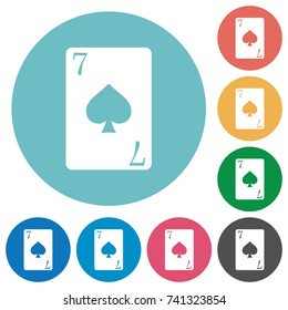 Seven of spades card flat white icons on round color backgrounds