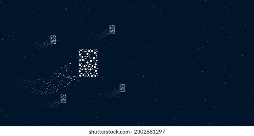 A seven of spades playing card filled with dots flies through the stars leaving a trail behind. There are four small symbols around. Vector illustration on dark blue background with stars