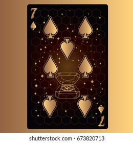 Seven of spades. Playing card with original design on the theme of space.