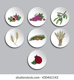 Seven Species icons set. Seven Species are seven agricultural products - two grains and five fruits which are listed in the Hebrew Bible as being special products of the Land of Israel.