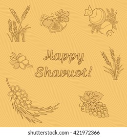 Seven Species of the Shavuot, set of agricultural products with inscription on Jewish holiday. Vector illustration EPS 10