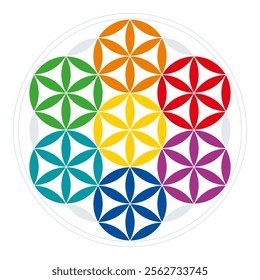 Seven spheres in the Flower of Life. Multicolored circles of 12 petals each, obtained from the Flower of Life, a geometric figure of overlapping circles, forming a flower like pattern. Sacred geometry