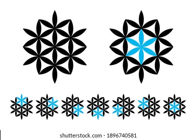 Siete estrellas, ilusión geométrica y óptica. Seis estrellas parecidas a flores, hechas de formas de lente de vesica piscis, formadas con pétalos interconectados, una sétima estrella. Ilustración aislada, sobre blanco. Vector.