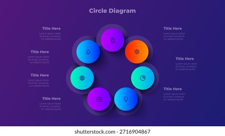 Diagrama de Círculo com Sete Etapas. Modelo de Infográfico de Gradiente de 7 Etapas para Apresentação, Fluxo de Trabalho de Negócios, Mapeamento de Estratégias e Visualização de Dados.