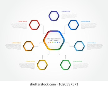 seven steps 3d infographic template with hexagonal elements. business process template with options for brochure, diagram, workflow, timeline, web design