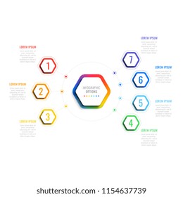 seven steps 3d infographic template with hexagonal elements. business process template with options for brochure, diagram, workflow, timeline, web design
