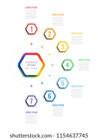 seven steps 3d infographic template with hexagonal elements. business process template with options for brochure, diagram, workflow, timeline, web design